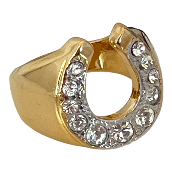 Never Worn Vintage Uncas Equestrian Ring Horseshoe Crystals 14KT Gold Plate Luck - Picture 2 of 4